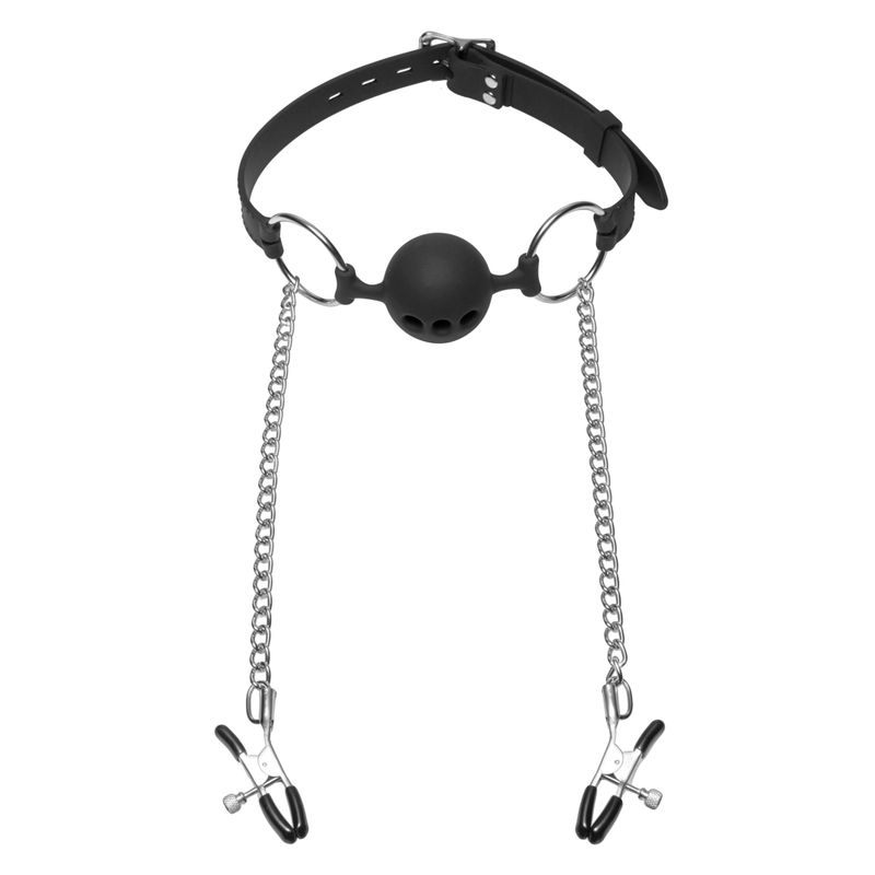 Hinder Breathable Silicone Ball Gag With Nipple Clamps image 2