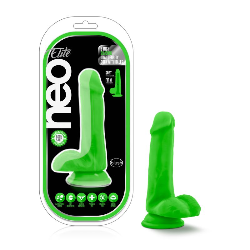 Neo Elite 6in Silicone Dual Density Cock with Balls Neon Green image 1