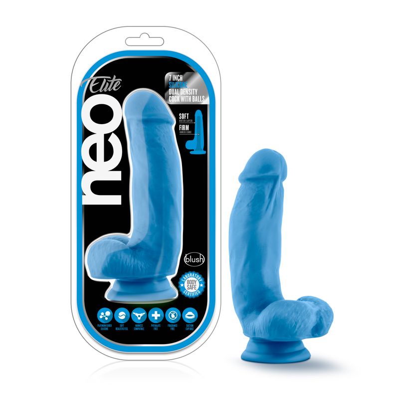 Neo Elite 7in Silicone Dual Density Cock with Balls Neon Blue image 1