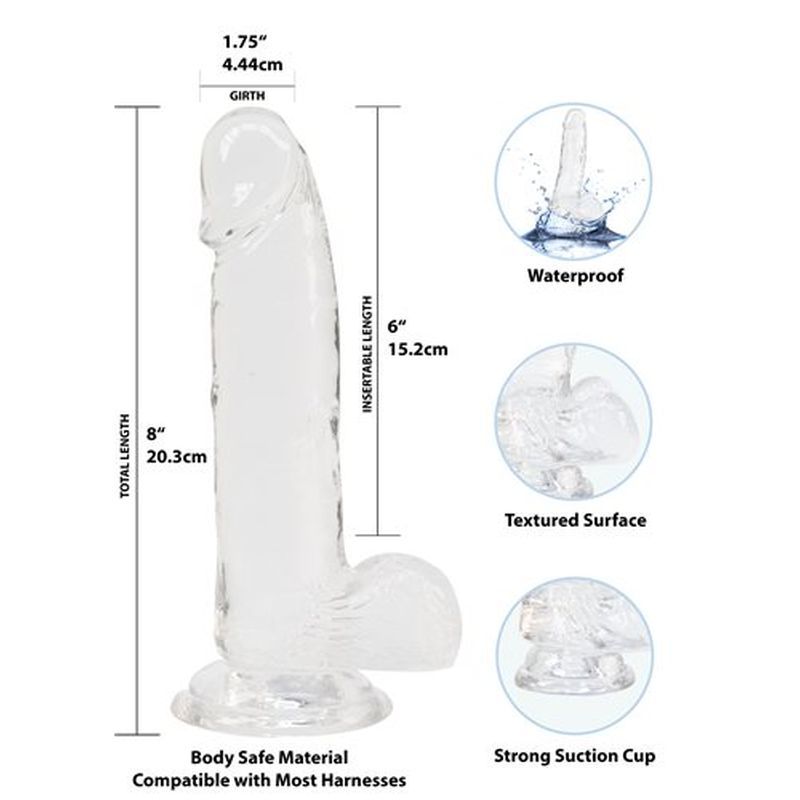 Crystal Dildo w Balls 8in Clear image 6