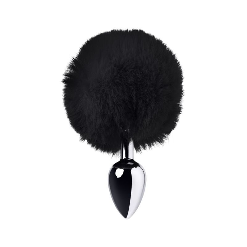 Silver Metal Anal Plug Small w Black Tail image 1