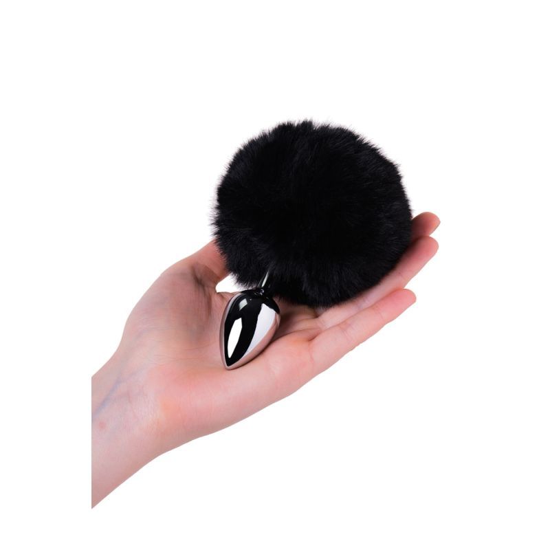 Silver Metal Anal Plug Small w Black Tail image 3