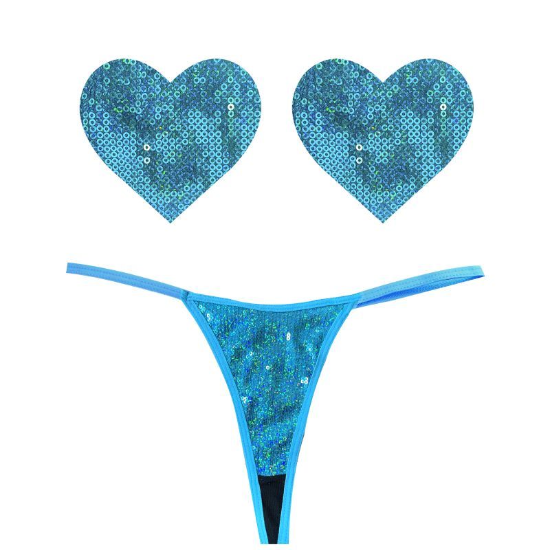Mahi Mahi Blue Sequin G-String and Heart Pastie Set image 1