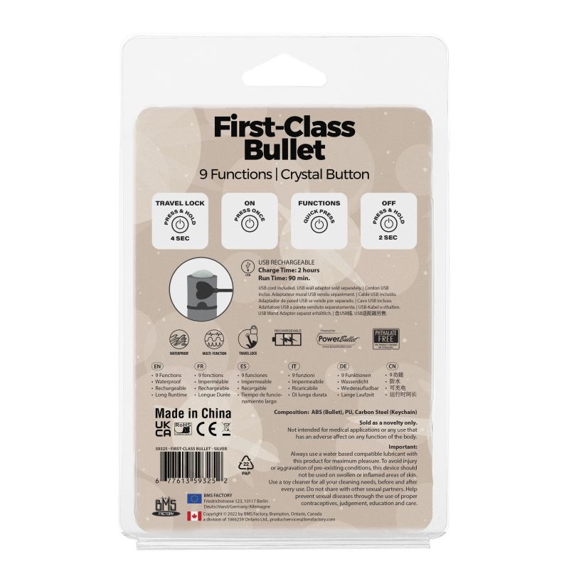 Power Bullet First Class 6cm Rechargeable w Crystal Silver image 2