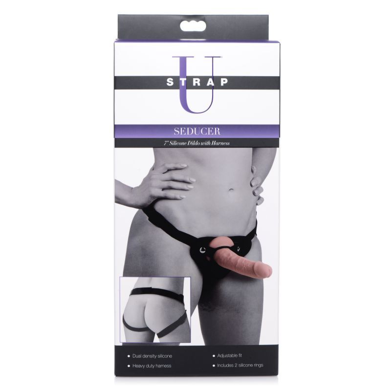 Seducer 7" Silicone Dildo w Harness Flesh image 5