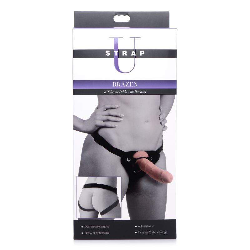 Brazen 8" Silicone Dildo w Harness Flesh image 5