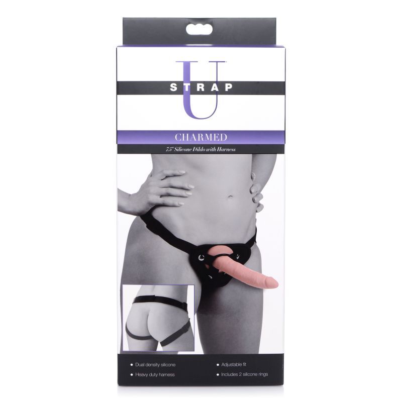 Charmed 7.5in Silicone Dildo w Harness Flesh image 4