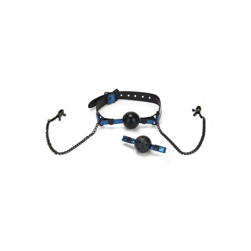 Whip Smart Diamond Ball Gag w Nipple Clips Blue image 1