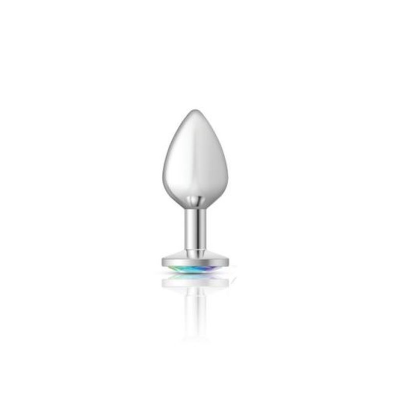 Cheeky Charms Silver Round Butt Plug w Clear Iridescent Jewel Medium image 1