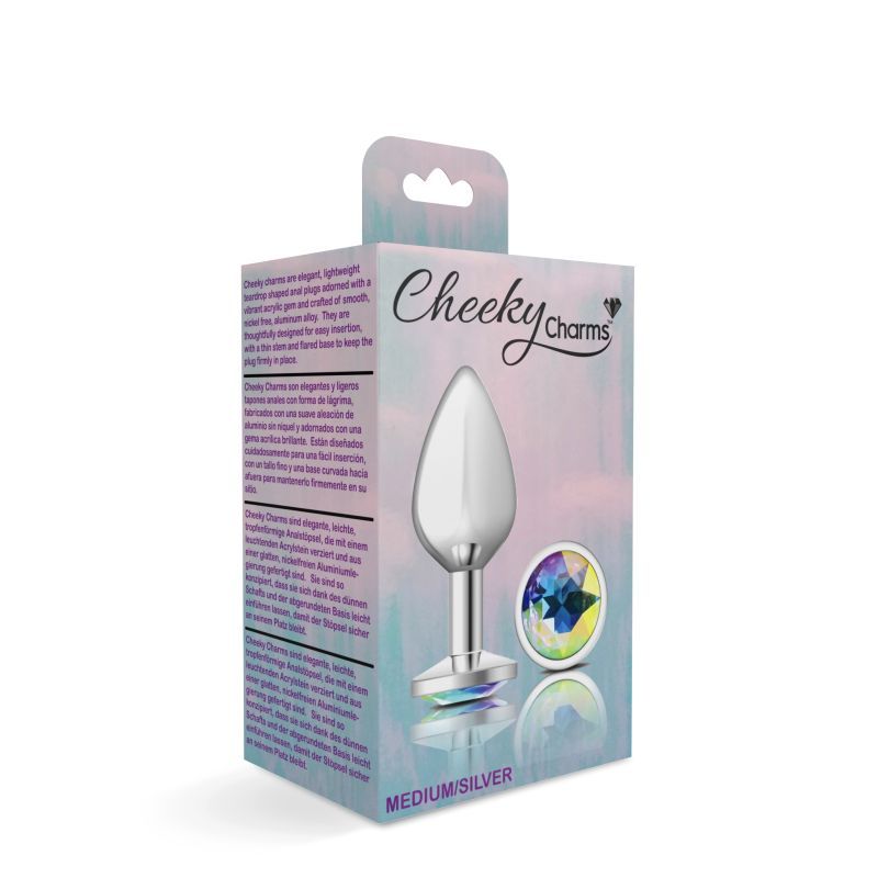 Cheeky Charms Silver Round Butt Plug w Clear Iridescent Jewel Medium image 2