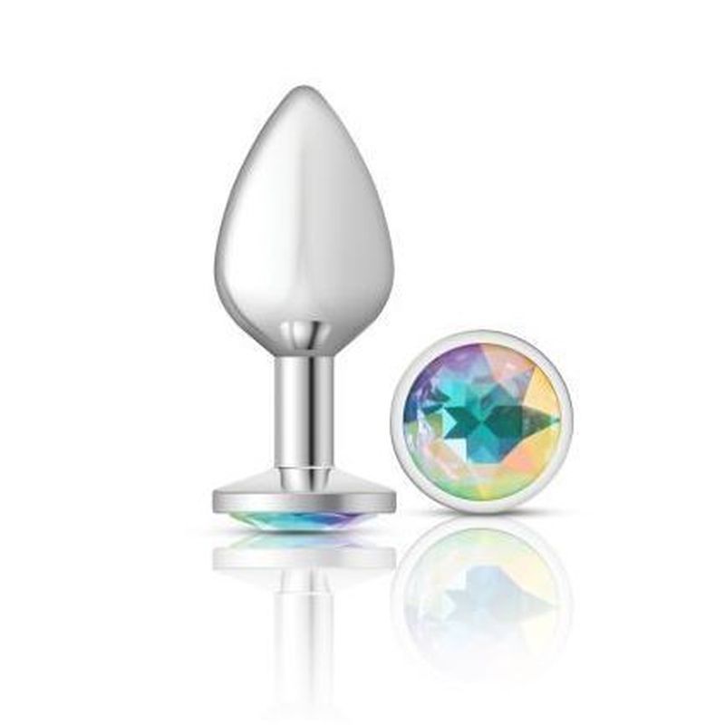 Cheeky Charms Silver Round Butt Plug w Clear Iridescent Jewel Large image 1