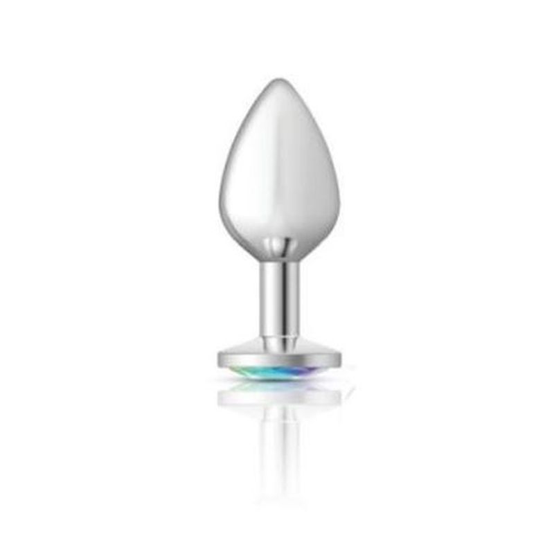 Cheeky Charms Silver Round Butt Plug w Clear Iridescent Jewel Large image 2