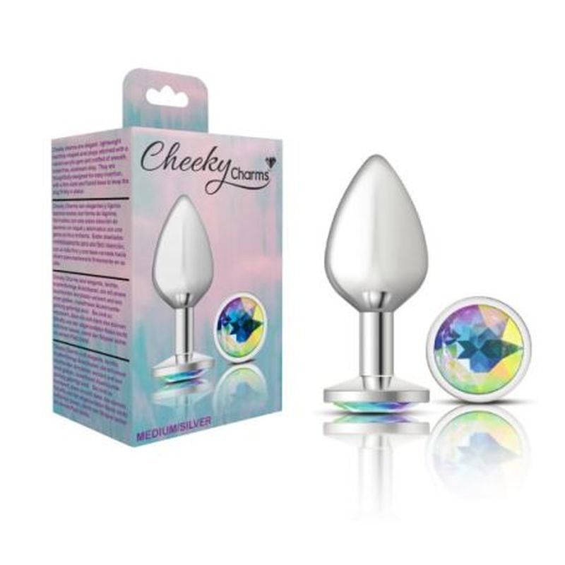 Cheeky Charms Silver Round Butt Plug w Clear Iridescent Jewel Large image 3
