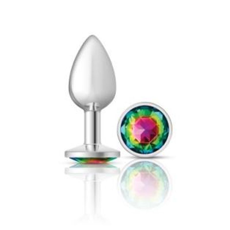 Cheeky Charms Silver Round Butt Plug w Rainbow Jewel Small image 1