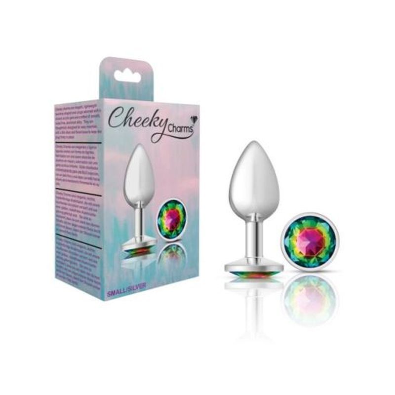 Cheeky Charms Silver Round Butt Plug w Rainbow Jewel Small image 2