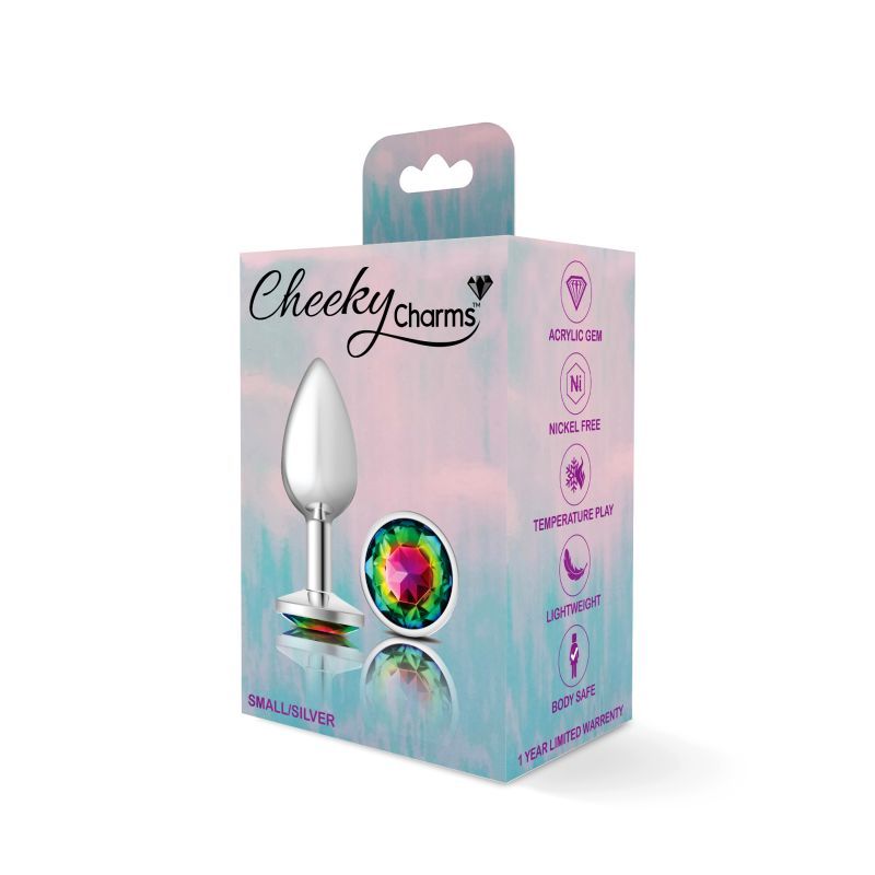 Cheeky Charms Silver Round Butt Plug w Rainbow Jewel Small image 3