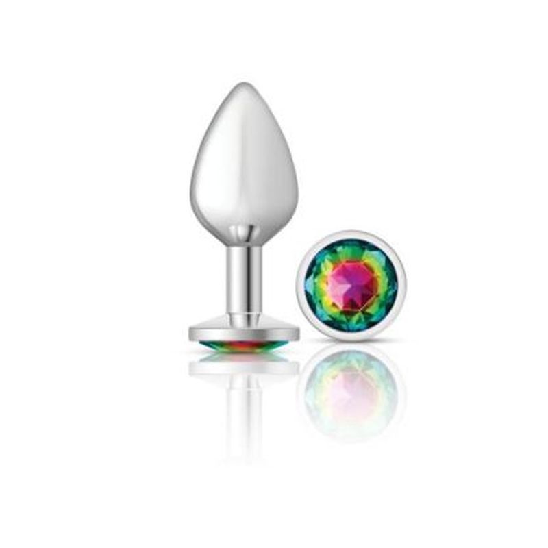 Cheeky Charms Silver Round Butt Plug w Rainbow Jewel Medium image 1
