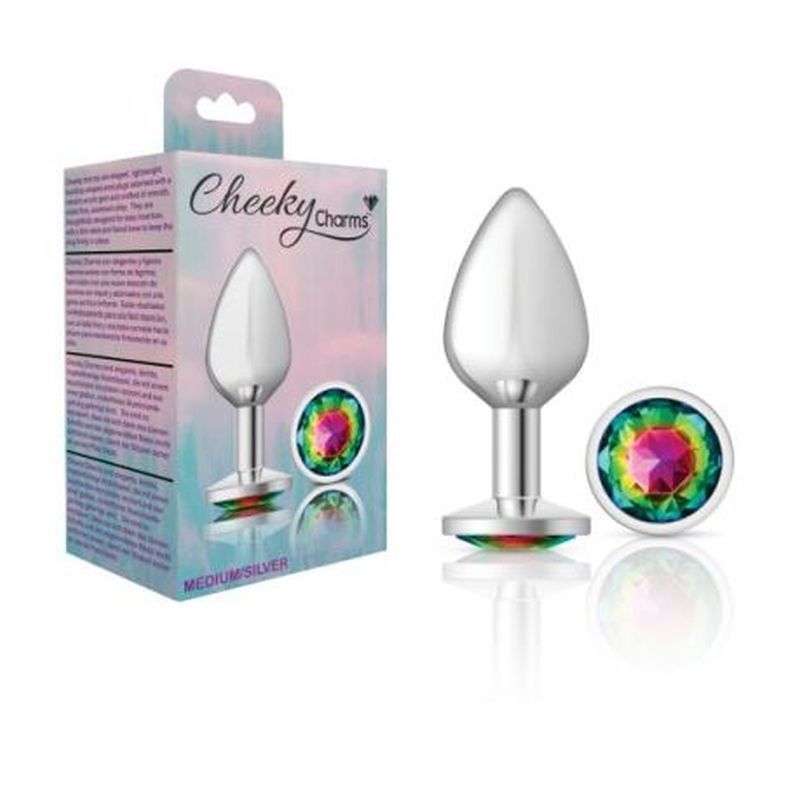 Cheeky Charms Silver Round Butt Plug w Rainbow Jewel Medium image 2