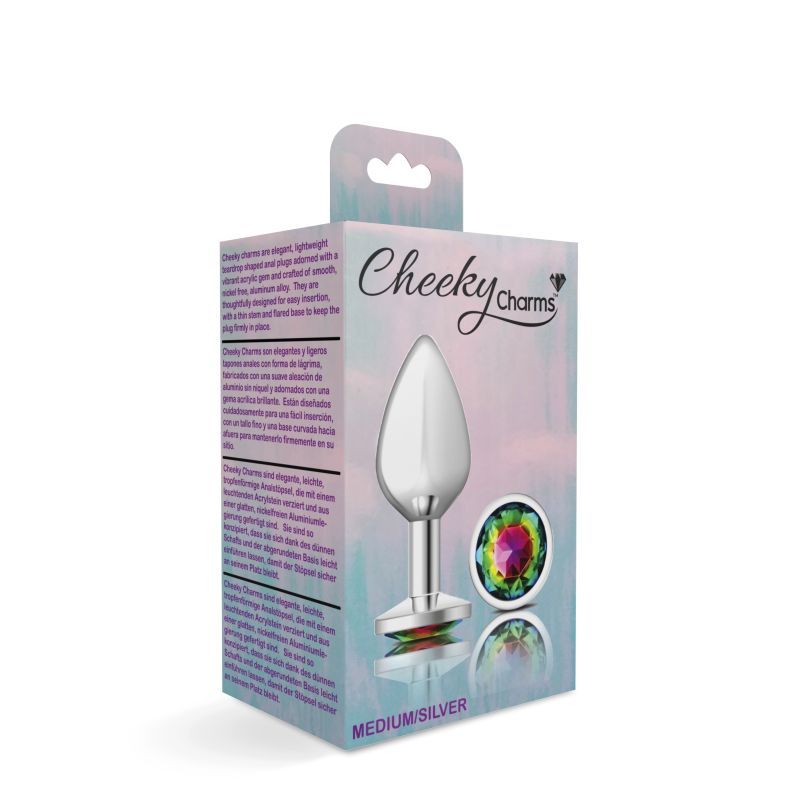 Cheeky Charms Silver Round Butt Plug w Rainbow Jewel Medium image 3