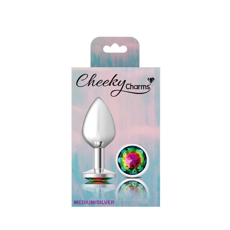 Cheeky Charms Silver Round Butt Plug w Rainbow Jewel Medium image 4