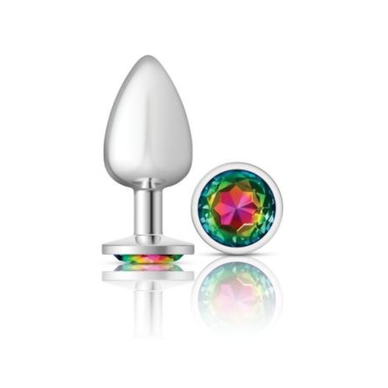 Cheeky Charms Silver Round Butt Plug w Rainbow Jewel Large image 1