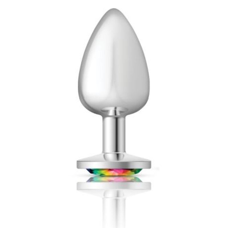 Cheeky Charms Silver Round Butt Plug w Rainbow Jewel Large image 2