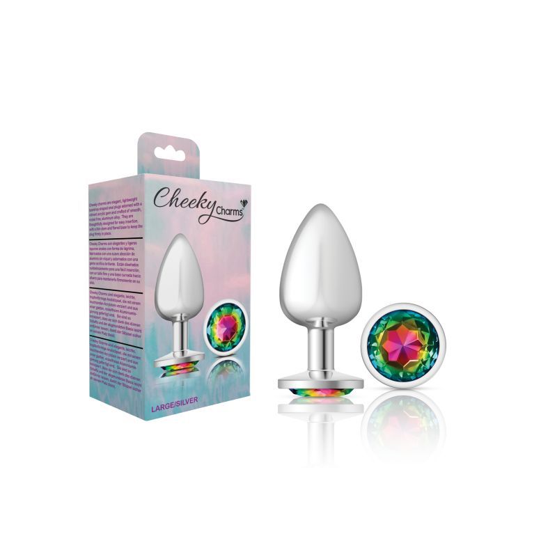 Cheeky Charms Silver Round Butt Plug w Rainbow Jewel Large image 3