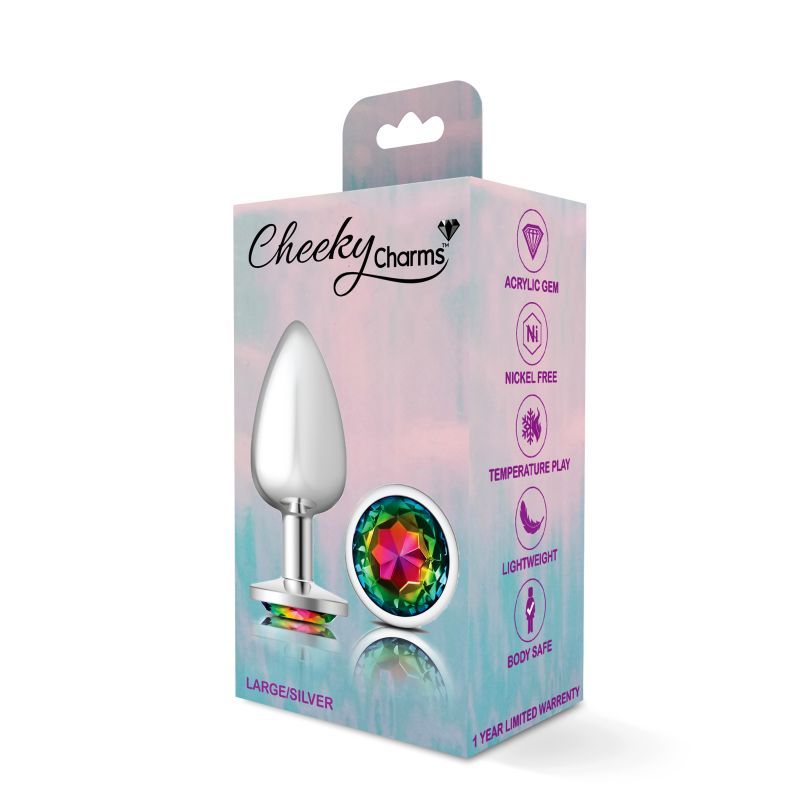 Cheeky Charms Silver Round Butt Plug w Rainbow Jewel Large image 4