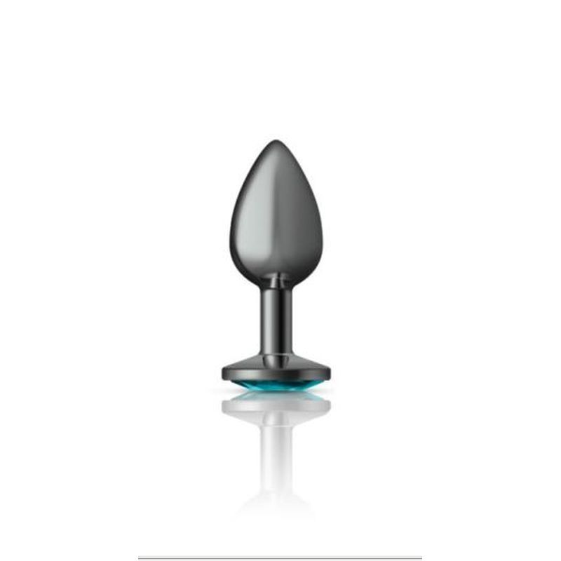 Cheeky Charms Gunmetal Round Butt Plug w Teal Jewel Small image 2