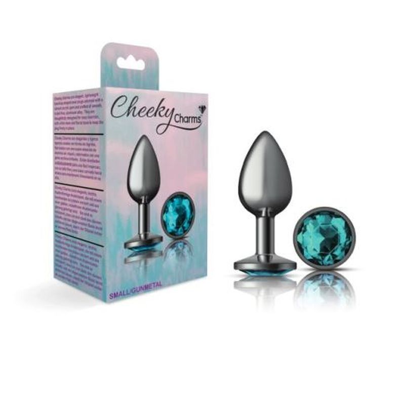 Cheeky Charms Gunmetal Round Butt Plug w Teal Jewel Small image 3