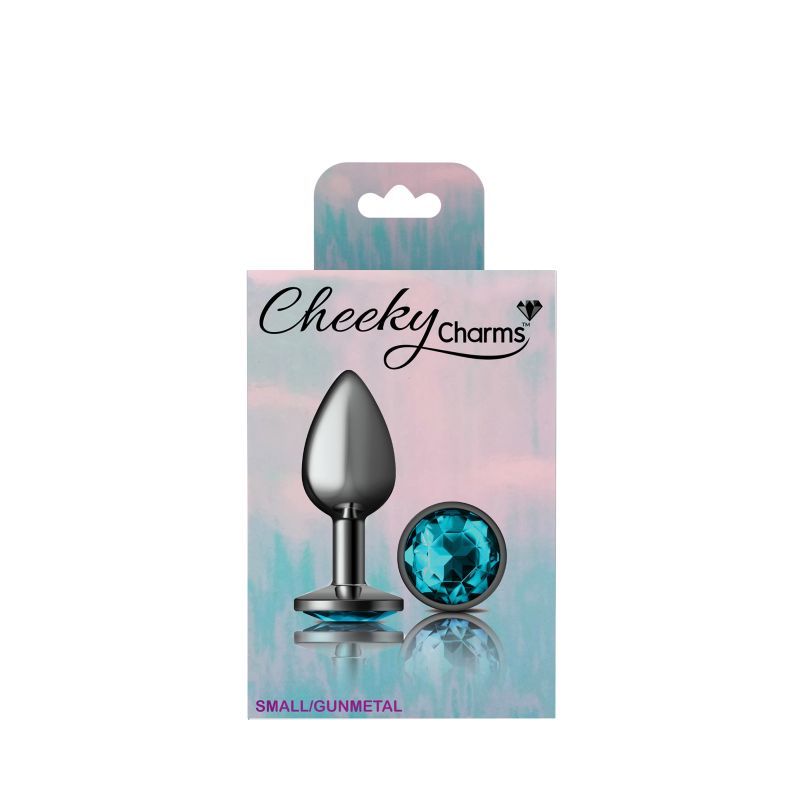 Cheeky Charms Gunmetal Round Butt Plug w Teal Jewel Small image 4