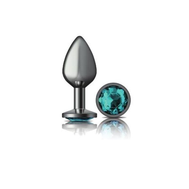 Cheeky Charms Gunmetal Round Butt Plug w Teal Jewel Medium image 1