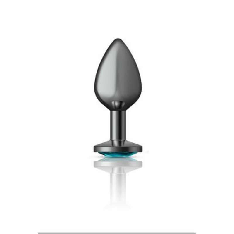 Cheeky Charms Gunmetal Round Butt Plug w Teal Jewel Medium image 2