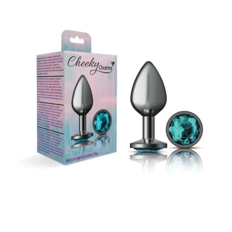 Cheeky Charms Gunmetal Round Butt Plug w Teal Jewel Medium image 3