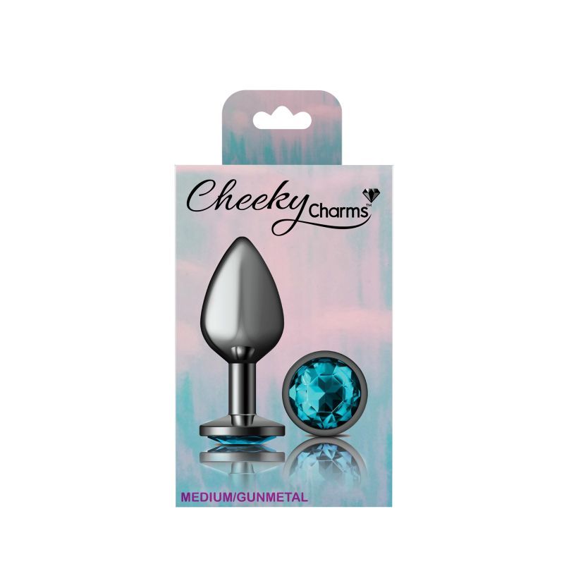 Cheeky Charms Gunmetal Round Butt Plug w Teal Jewel Medium image 4