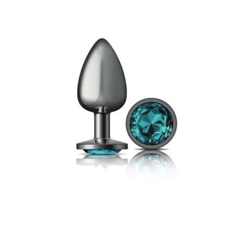 Cheeky Charms Gunmetal Round Butt Plug w Teal Jewel Large image 1