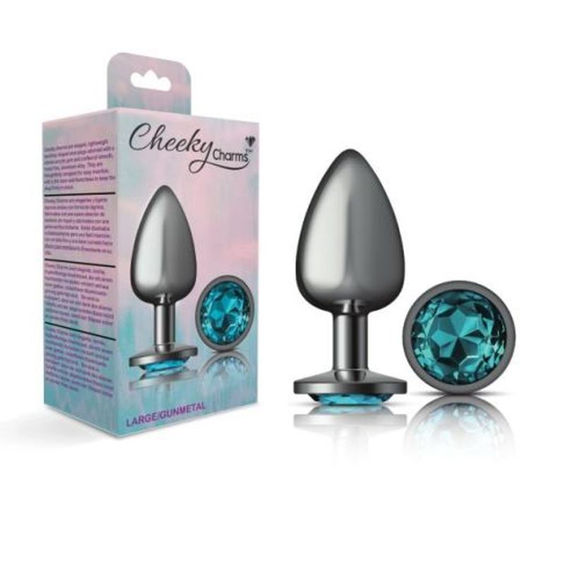 Cheeky Charms Gunmetal Round Butt Plug w Teal Jewel Large image 3