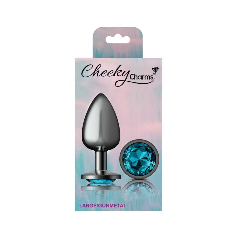 Cheeky Charms Gunmetal Round Butt Plug w Teal Jewel Large image 4