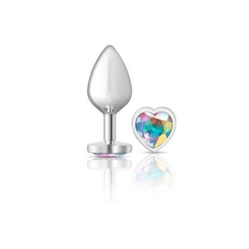 Cheeky Charms Silver Metal Butt Plug w Heart Clear Jewel Medium image 2