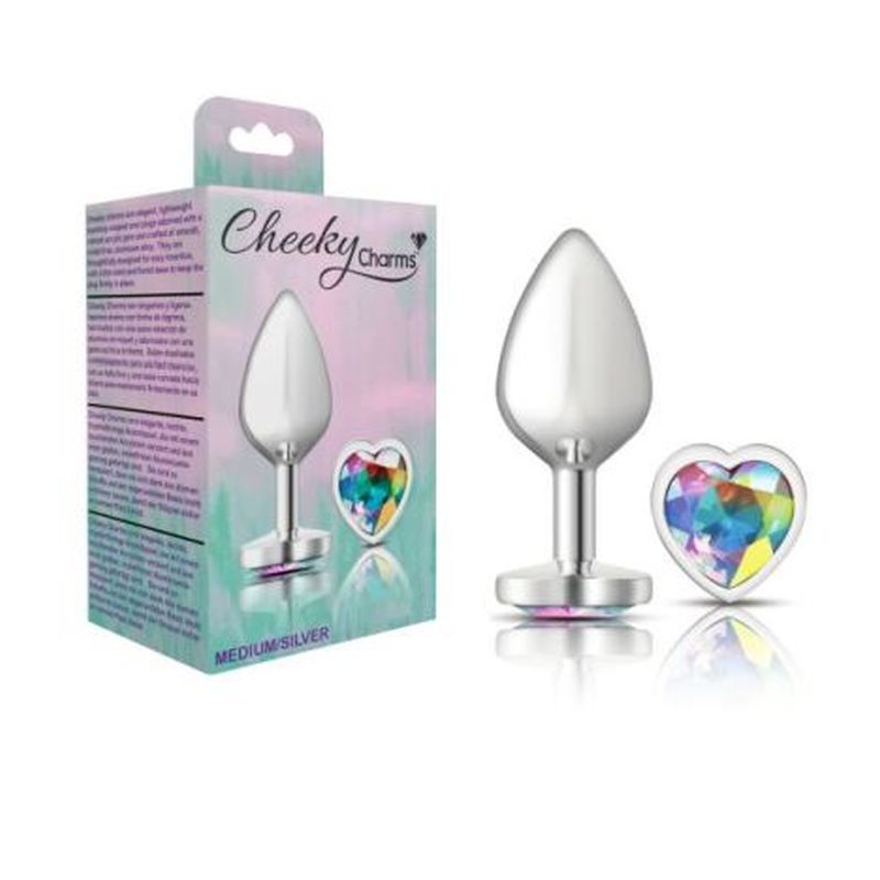 Cheeky Charms Silver Metal Butt Plug w Heart Clear Jewel Medium image 3