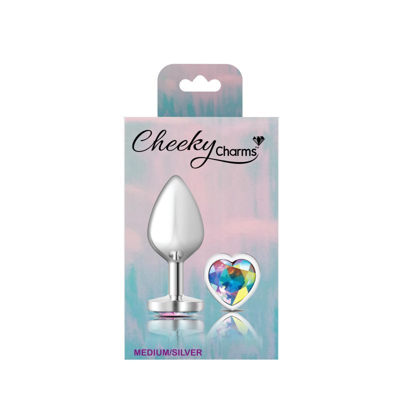 Cheeky Charms Silver Metal Butt Plug w Heart Clear Jewel Medium image 4