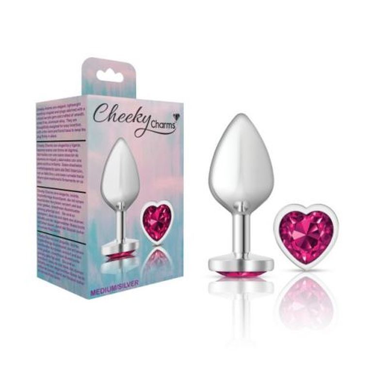 Cheeky Charms Silver Metal Butt Plug w Heart Pink Jewel Medium image 3