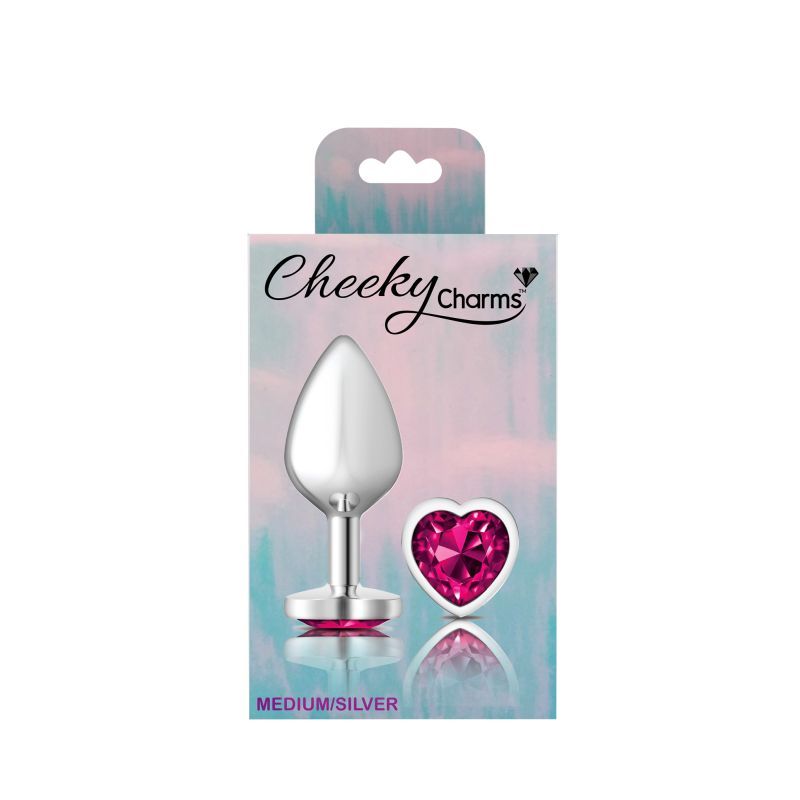 Cheeky Charms Silver Metal Butt Plug w Heart Pink Jewel Medium image 4