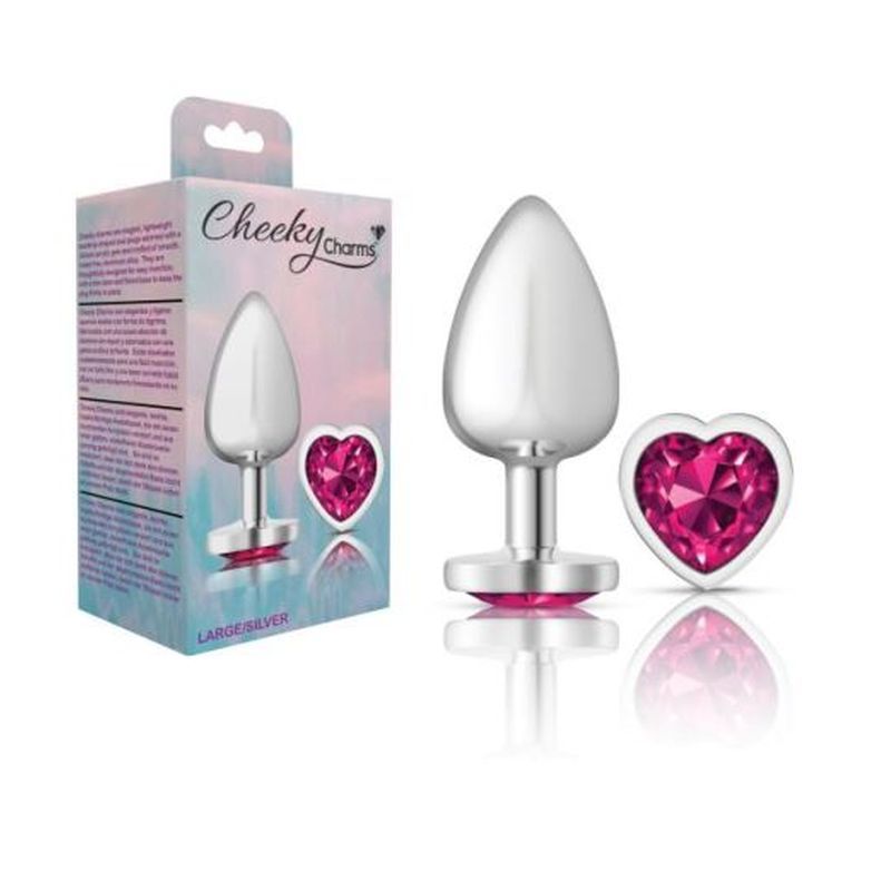 Cheeky Charms Silver Metal Butt Plug w Heart Pink Jewel Large image 3