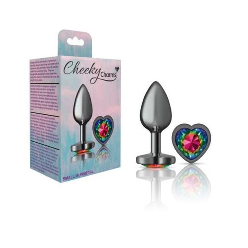 Cheeky Charms Gunmetal Butt Plug w Heart Rainbow Jewel Small image 3
