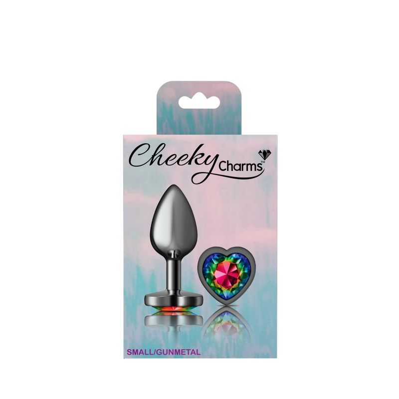 Cheeky Charms Gunmetal Butt Plug w Heart Rainbow Jewel Small image 4