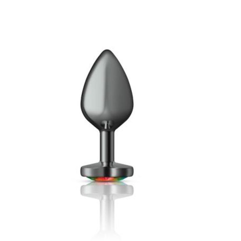 Cheeky Charms Gunmetal Butt Plug w Heart Rainbow Jewel Medium image 1