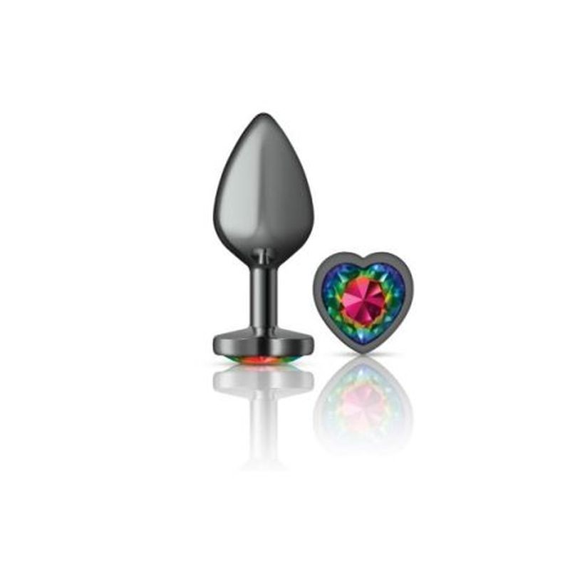 Cheeky Charms Gunmetal Butt Plug w Heart Rainbow Jewel Medium image 2