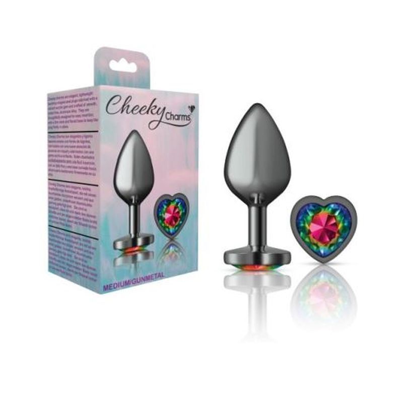 Cheeky Charms Gunmetal Butt Plug w Heart Rainbow Jewel Medium image 3