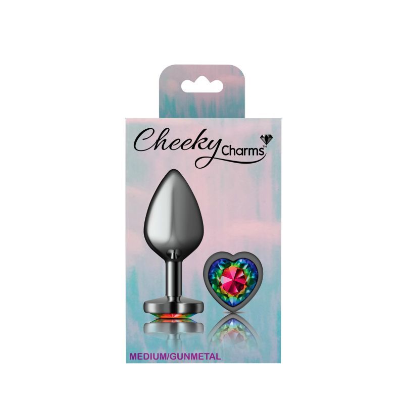 Cheeky Charms Gunmetal Butt Plug w Heart Rainbow Jewel Medium image 4